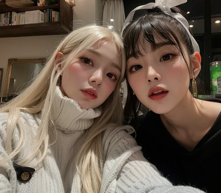 Two women in Santa hats pose for a photo, ulzzang, Ava Max, foto de perfil, Ambos tienen los labios rojos, Nixeu y Sakimichan, 💋 💄 👠 👗, Yoshitomo Nara y Aya Takano, 2 0 2 0 moda, 💣 💥, con pelo largo blanco, Lalisa Manobal, Elfos, rosa negro