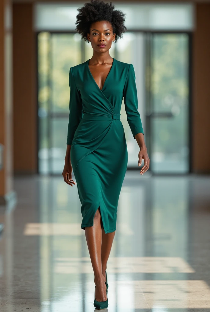 A black Brazilian woman at a conference, wearing a long green and beige Christian dress, high heels and wearing glasses and talking on the cell phone , showing off your natural charm and outgoing personality