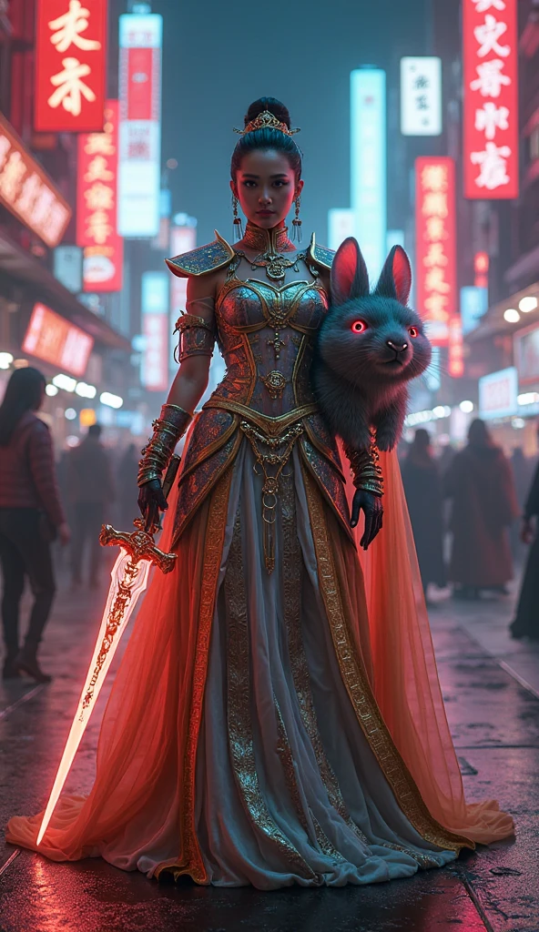 Nordica with White skin, iridescent and shining white eyes, holding a white weapon in her hand raised in front of her face, covering her face as if protecting her from shrapnel, in a city environment with a large dark red moon, a river on the left with water crystalline reflecting the moon, some quadrupedal animals with short fur and some people seen with their backs in front of the camera, the Nordica with pointed ears and glowing eyes, distant from men in semi-naked military clothing