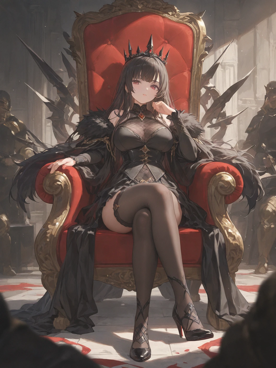 Solo,Lady sitting,(gigantic breasts:1.5),Grim expression,Long black hair,Black colored eyes,Black pantyhose,No shoes,Black royal robes,sitting on an royal throne,Below the eyelids,Bottom-up view,royal palace interior