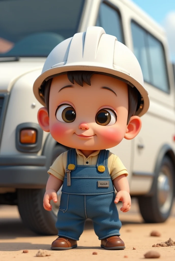 Chubby-cheeked guy in blue pants and t-shirt and white helmet
