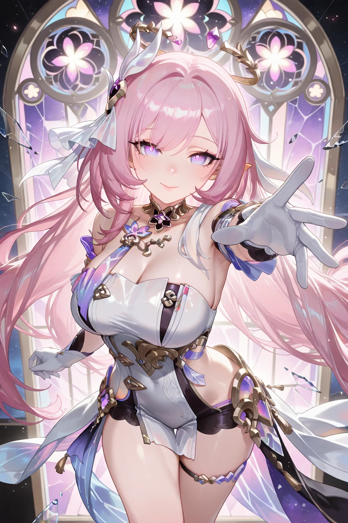 masterpiece, best quality, 1girl, solo, upper body, genshin impact, 1girl, elf ears, branch, large breasts, half-open mouth, elysia, white hood, long hair, loose hair, huge breasts, large breasts, massive breasts, elysia (Honkai Impact), jewelry, long hair, long skirt, long dress, wedding dress, poofy dress, frilly dress, space in veil, long veil, huge dress, floating, flying, angelic, veil, white veil, long veil, blunt bangs, looking at viewer, ear cuffs, breasts, wide sleeves, loose sleeves, big sleeves, elegant white dress, elegant dress, white dress, long flowing dress, long dress, flowy dress, wedding dress, clocks, night, stars, goddess, floating, flying, goddess, sparkles, stars, serene, elegant, beautiful, big smile, pink hair, blue eyes, pink pupils, pink pupils, blue eyes, pink pupils, sidelocks, smile, solo, dynamic pose, genshin,