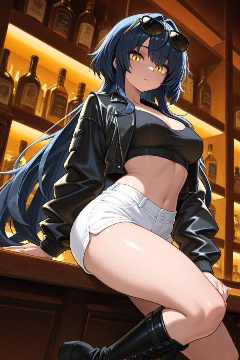 (from below:1.2),(from side:0.9), ((Face)), (Close-Up:0.4), masterpiece,"A 26-year-old girl stands at a bar counter. She is dressed in a stylish off-shoulder dress, sweater dress, off-shoulder sweater, red sweater,garter stocking, cleavage:1.1, midriff, black shorts, black thighhighs, thigh strap, pretty girl, (highly detailed beautiful face and eyes,firm breasts),real skin,((black,hair,long pony tail hair)),thin pubic hair,cute and lovely pose, detailed eyes, This masterpiece is only visually stunning but also tells,(double breasted:0.6,under bust:0.6),(with sparkling eyes and a contagious smile),open mouth. The bar is beautiful, with colorful bottles of alcohol in the background and a soft glow from neon lights. The atmosphere is relaxed, and the girl looks confident and fashionable.",full body, sexy pose,make a cocktail , in a bar counter, Looking at Viewer,