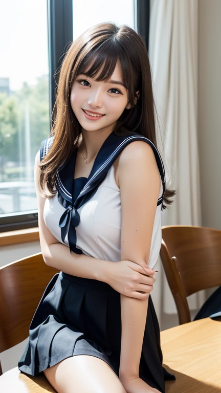 (masterpiece, best quality:1.2), 8k, official art, raw photo, incredibly absurdres, (sailor uniform, serafuku:1.0), ,highschool student,beautiful girl, pretty face,, short sleeve, gardenia, violaceaess, (short ponytails:1.3),teen, classr looking at viewer, no makeup, film grain, chromatic aberration, sharp focus, facelight, dynamic lighting, cinematic lighting, detailed eyes and face, bokeh background,(cowboyshot:1.3),(small brests:1.2),(skinny:1.2),(smile:1.2),(school swimsuit:1.0),(fullnude:1.0),(show pussy:1.4),(bottomless:1.6),(fullbody:1.3),