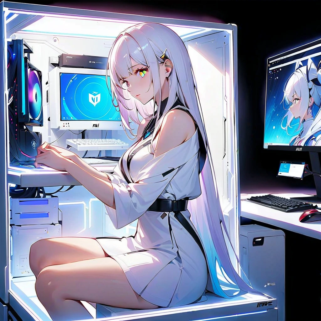 ((1 girl wearing a transparent dress,earbuds, typing)), in your room, sitting on the gaming chair , (studying), (computer),