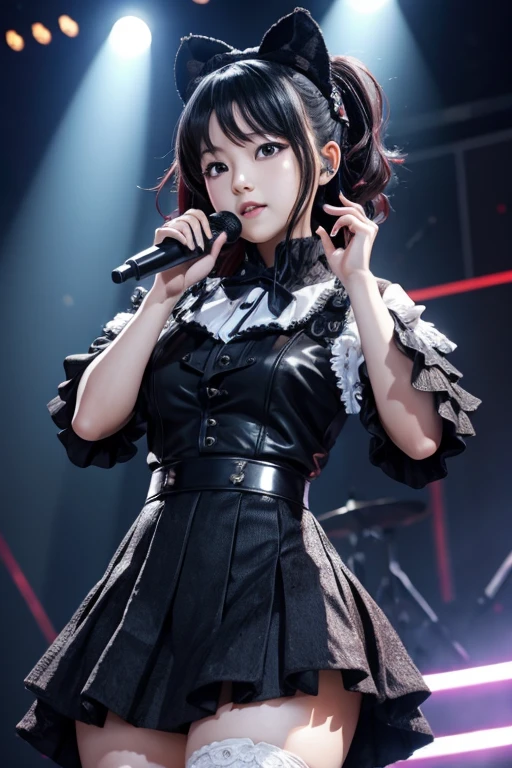 realistic, photorealistic, masterpiece, incredibly absurdres, extremely detailed, best quality, idol_costume, knee boots, 1girl, solo, idol, full body, long black hair, twintails, sitting, stage in the backgorund, stage lighting, stage spotlight, detailed background, audience, holding microphone, singing, <lora:idol_costume_style5_v1:0.7>
