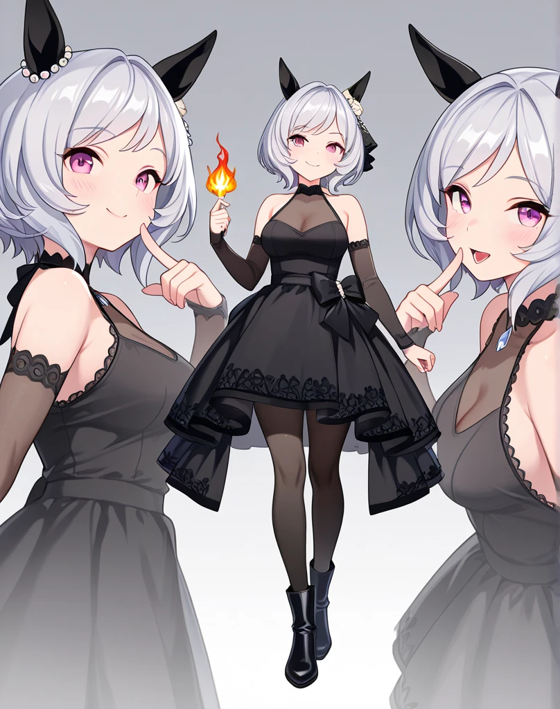 1 girl, long gray hair, slim build, knee length wavy hair, small face, sectoral heterochromia (one light green eye and one amber eye), crescent-shaped barrette on the right side of the hair, He has short bangs between his eyes.. , extremely detailed face, Beautiful detailed eyes, beautiful detailed lips. short height 165cm, adorable, extremely detailed legs, (Best Quality, 4k, 8k, high resolution, Masterpiece: 1.2), ultra detailed, Exquisite and epic character art.., Amazing modern character trending theme.., character design (Character Reference Sheet: 1.10, lateral angles, Full body front and rear angle.), Black high stockings with gold star print.., Black platform heels, One-piece dress with low waist and ruffles., black 2-finger gloves up to the forearm, dark gray hip-length belt, black collar on the neck. Short dark blue and black angel wings.., Succubus tail that ends in a heart shape at the tip.. Wide hips. Wears a gray and black halo with star patterns. Bust B