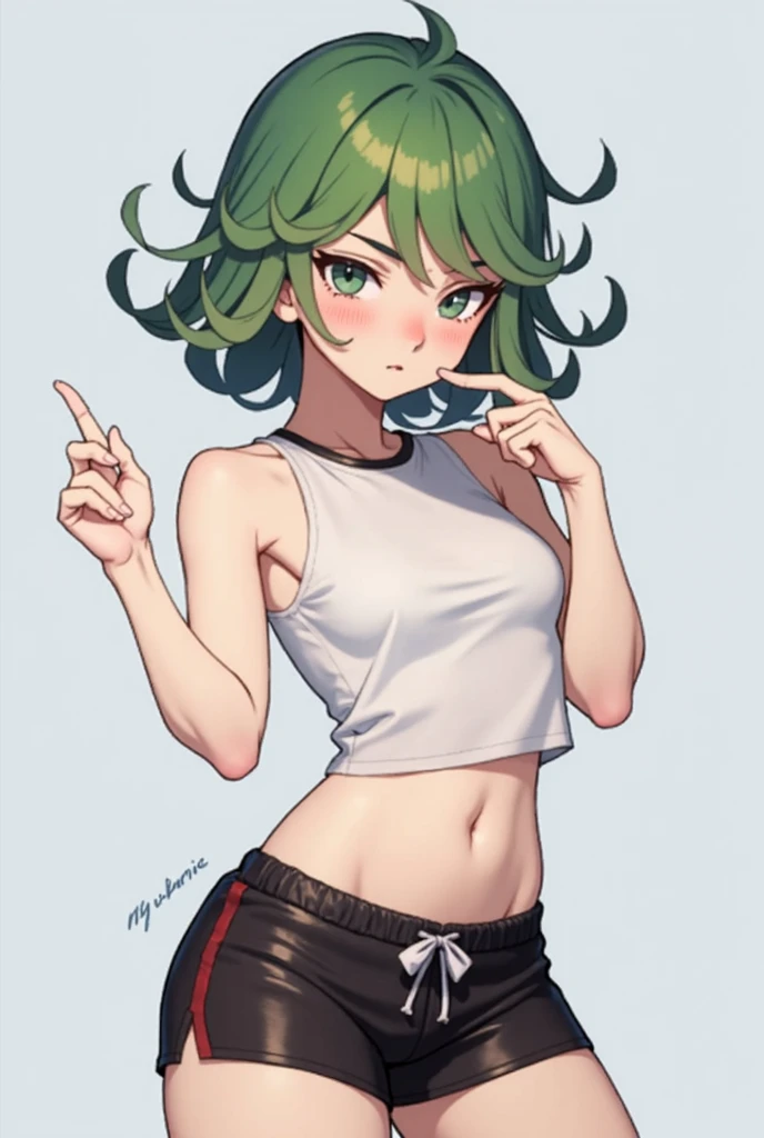 best quality, (masterpiece),(ultra-detailed), (high quality), (high resolution), <lora:professor_sada:0.7>, professor sada,navel, green eyes, detailed eyes, perfect faces, shorts, necklace,