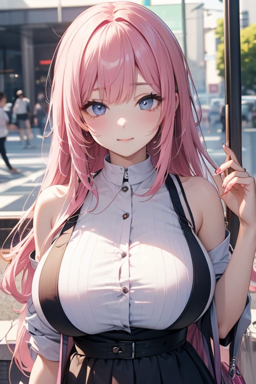 Best Quality,Detailed and cute eyes,Very cute face,(Solo Girl),(gigantic breasts:1.3),(Pink hair),(low twintails:1.4),Scrunchie,(Big light blue eyes),A very happy smile,Open your mouth wide,View Viewer,BREAK,(Wear a leather jacket with faux fur collar and cuffs over a halter neck crop top,Open jacket,oversized loose belt,Leather micro mini skirt with slits:1.2),Inside a subway station,(Standing with your back to the wall,Angle from below:1.2)
