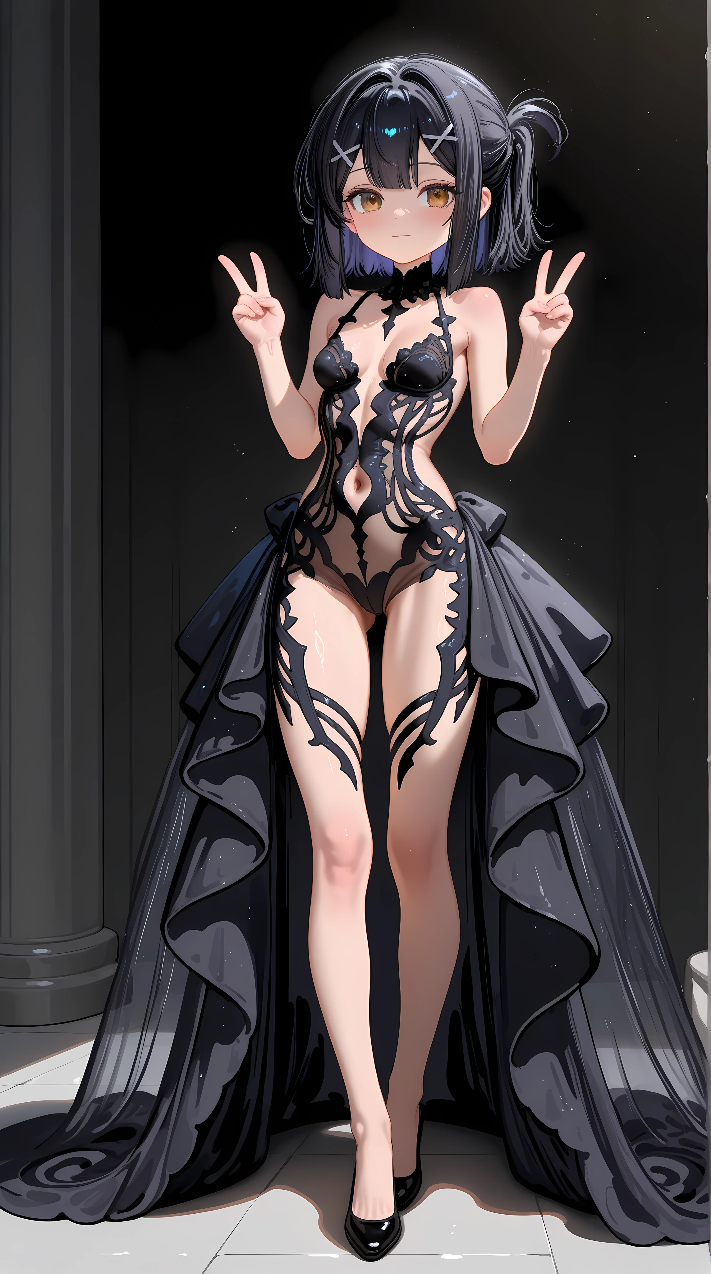 wide shot,full body,1girl,Miyu Edelfelt,,toddler,petite,cute face,light smile,solo,brown eyes,black hair,x hair ornament,small breasts,double V,cleavage see-through,navel,bare back,slim,slim legs,chronopattern dress,full bodystocking,revealing-clothes,looking at view,spread legs,masterpiece,best quality,newest,highres,absurdres,very awa,shiny skin,(artist:loika:0.5),(artist:xiaoshou xiansheng:0.8),artist:rin31153336,artist:gawako,