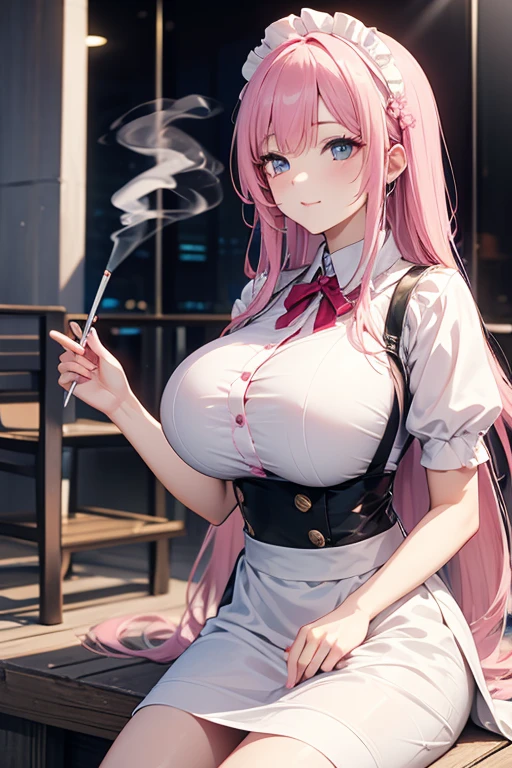 (masterpiece:1.2, Best quality),Masterpiece in maximum 16K resolution, dynamic 3D cyberpunk fusion realistic style. | A beautiful mature 20-year-old woman, wearing a white t-shirt, jess overalls with long pants, and pockets on the front. ((The clothes are very tight on the body and covered in grease and soaked in sweat, highlighting their sensual curves and defined muscles):1.3). She has long pink hair styled in a single braid, with long bangs that fall over her right eye, and multicolored headphones that add a modern and edgy touch to her appearance. Her green eyes are looking straight into the camera with a seductive look, while her sensual smile shows off her bright white teeth and her lips painted with intense red lipstick. ((Her face is smeared with grease and dripping with sweat):1.3), giving a realistic and authentic touch to the scene. | The scene takes place in an old car body shop, a very dirty place full of graffiti on the walls and floor. There is a deteriorated and rusty automobile in the center of the scene, with car tires piled up around it. A bench full of motors and tools is located in a corner, while metal structures and cables dangle from the ceiling create a rugged, industrial atmosphere. Rays of light filtering through dirty windows create dramatic shadows and highlight the details of structures and objects in the scene. | Three-dimensional composition with a low viewing angle, highlighting the imposing figure of the demon woman. Forced perspective enhances the depth of the scene and creates a dynamic effect, while dramatic lighting adds a touch of mystery and suspense. | Scene of woman in a vintage car body shop with a cyberpunk and sensual look. | The camera revealing a full-body_image as she assumes a sensual pose, interacting and leaning against a structure in the scene in an exciting way. | (((She takes a sensual pose as she interacts, boldly leaning on a structure, leaning back in an exciting way.))), (((((full-body_image))))),