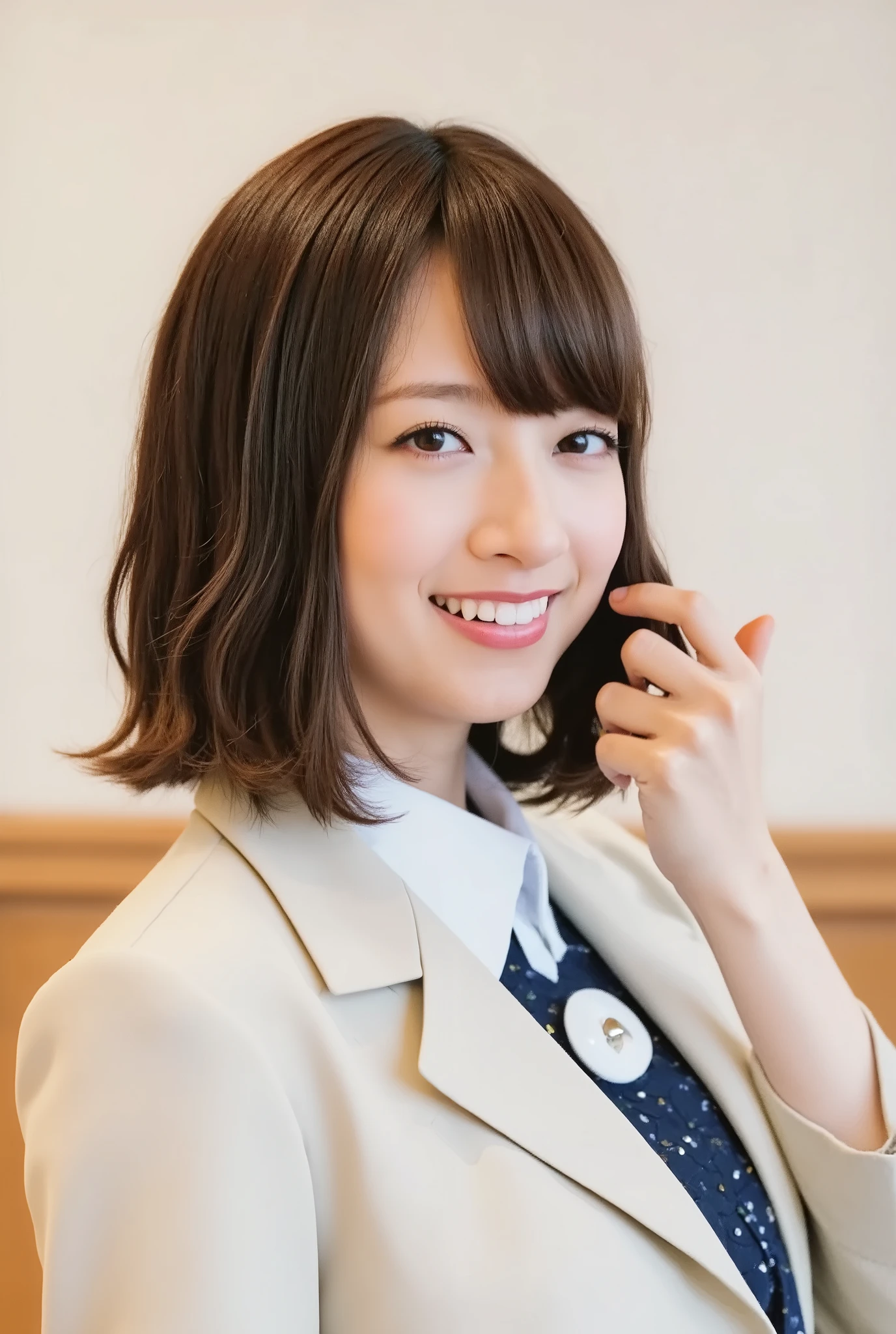 Neat Young Woman、and look at the camera、office lady suit、jacket、shirt、ear piercing、smile showing teeth、 背景は部屋の中