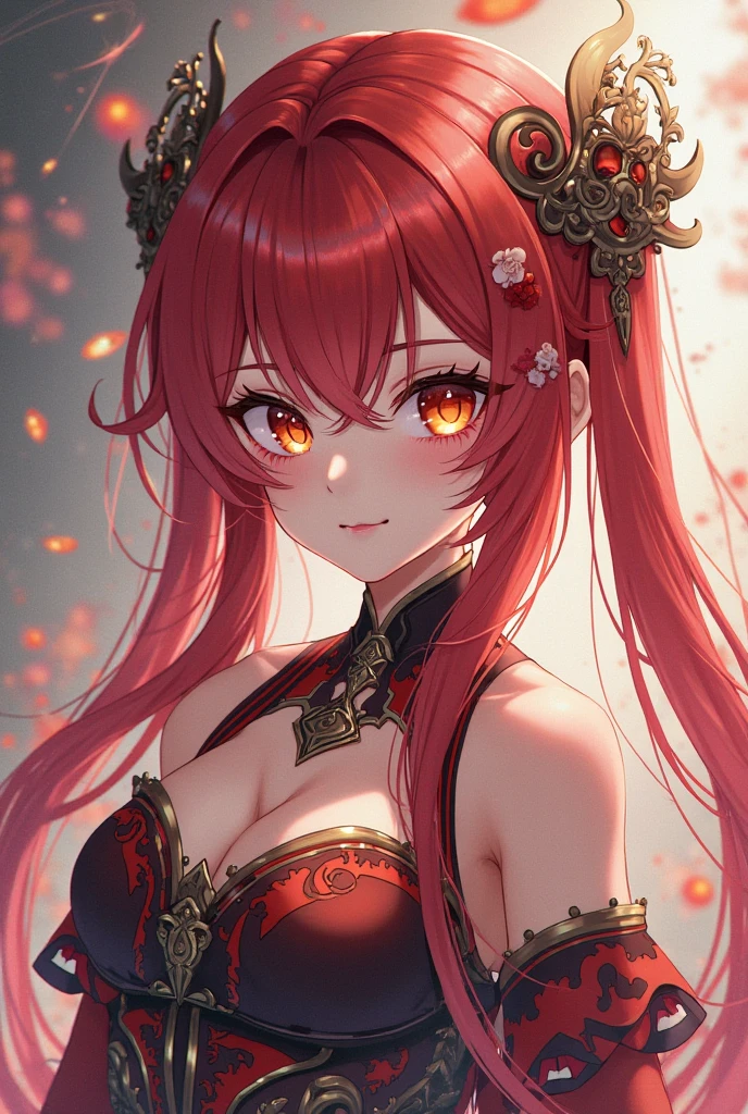 Create a beautiful red night with a red moon, red hair, yellow eyes, young beautiful japanese girl, cleavage, busty,
