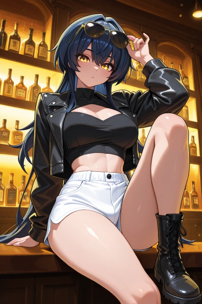 linghan1,,parted bangs,very long hair,large breasts, long hair, blush, lipstick,,jewelry, earrings, Hot girl, baddie, bad attitude, mean girl, crazy, smoking, sensual, attractive , bar background, inside bar, indoor, masterpiece,high quality,4k, bare shoulder,belly,crop top,holding pistol,cleavage,casual dress, bar
background, inside bar, indoor,smile, open mouth, (nsfw) not safe for work, evil expression, exposed
belly, exposed navel, exposed midriff, exposed lower belly, crop top overhang, underboob,jacket,
unbuttoned jeans , low rise black jeans, Low rise jeans, Low rise jeans with open fly, navel piercing