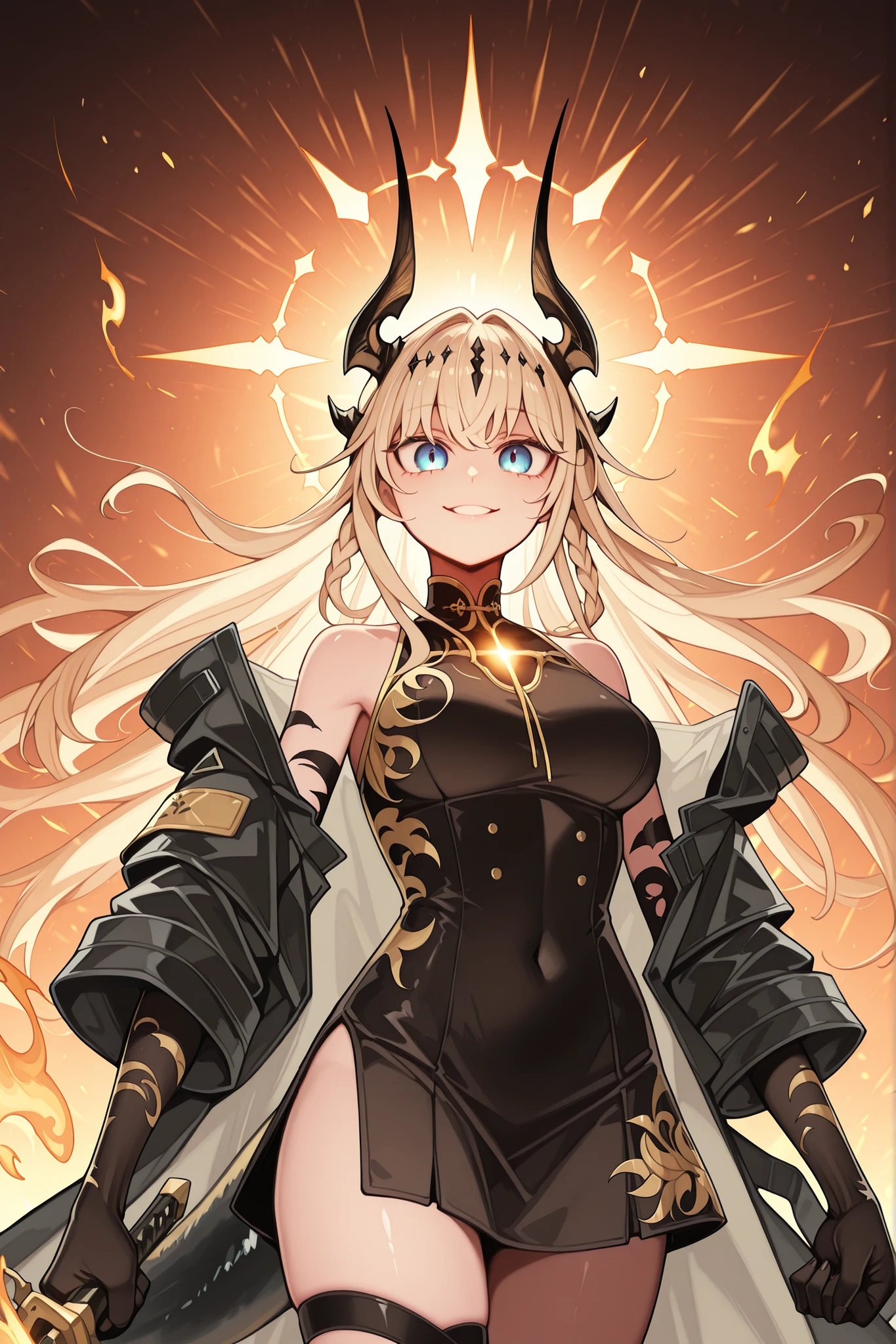 sozinha, 1 ,  e baixa,  personagem pequena, personagem curto, personagem curto ,   personagem 1  ,50 metros de altura,  e baixo,   personagem jovem, character with big breasts and ass;

cabelo loiros, the character's hairstyle must be the same as Alice Zuberg's "sword art online", franja longa, black horns like those of Reed, The Shadow of the Flame of "arknights", Halo above the head like Asuna Ichinose's from "arquivo azul";

flashy blue eyes, sorriso provocante, sorriso feroz, rosto jovem, perfeito e bonito;

anatomia perfeita, the character's tail must be of a dragon and must be black (with a golden flame on the tip of the tail), black tail like Reed's, The Shadow of the Flame of "arknights", Colored arms in the Nian style of "arknights" (but arms and hands must be painted in the colors black with gold details), exposed arms and shoulders, hands with claws, black hands with gold details, black arms with gold details, always wearing Reed's coat;

Black coat like Reed's on "arknights" (inner part of the case is red), sexy black Chinese dress with gold details, vestido longo, exposed arms, corpo baixo, exposed arms and shoulders, coat falling down the arms;

wielding a sword (montante) black with gold details on the sword, ornamentos de ouro, sword larger than the height of the character,  The sword design is futuristic , pose chamativa, exposed shoulders and head, provocative and fierce smile,   Confidence , personagem jovem;

(detalhes): fundo preto, attack position, coat looking at the observer,  mãos e black arms with gold details, sempre vestindo o;