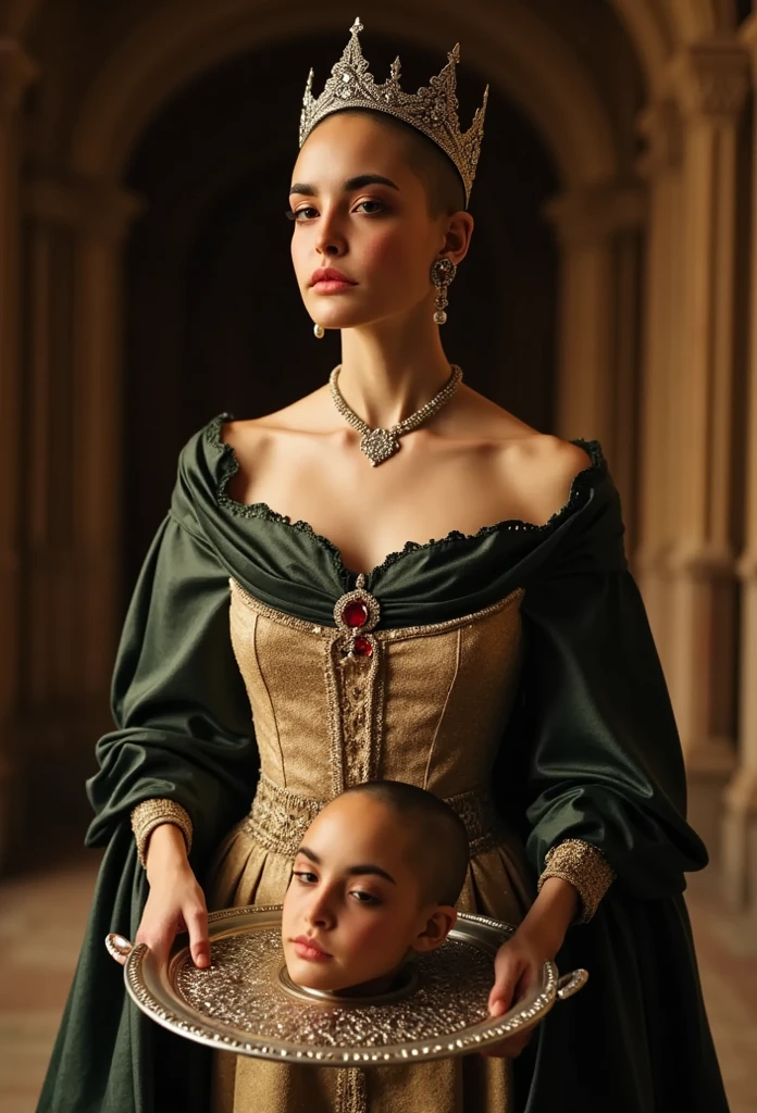 SineadOConnor, (buzzcut haircut:1.3), 1girl, photography by (David LaChappelle:1.3), seated on throne, Queen of France, modelshoot, pose, ((dress)), (closeup on upper body:1.3), Flemish masters, luxurious fabrics, silk, Versailles, French aristocracy, palace interior, 1782, large oil paintings on walls, portrait