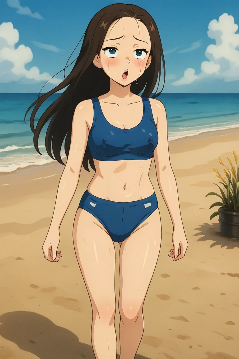 tomoko, One Girl, alone, length_hair, blush, Open_mouth,Embarrassing,View your viewers,Front hair, Simple_background, Brown_hair, black_hair,Brown_eye,clavicle,Beach,Ocean,cloud,Ocean Shore,Day,Outdoor,null,it was foggy,Shorts,One Girl,Between the legs,chest,belly button,Expose your shoulders,Are standing,clavicle,Cowboy Shot,Shorts,Sleeveless,abdomen,ponytail,short Shorts,eyelash,Sleeveless shirt,Tank top,denim,blue Shorts,denim Shorts,