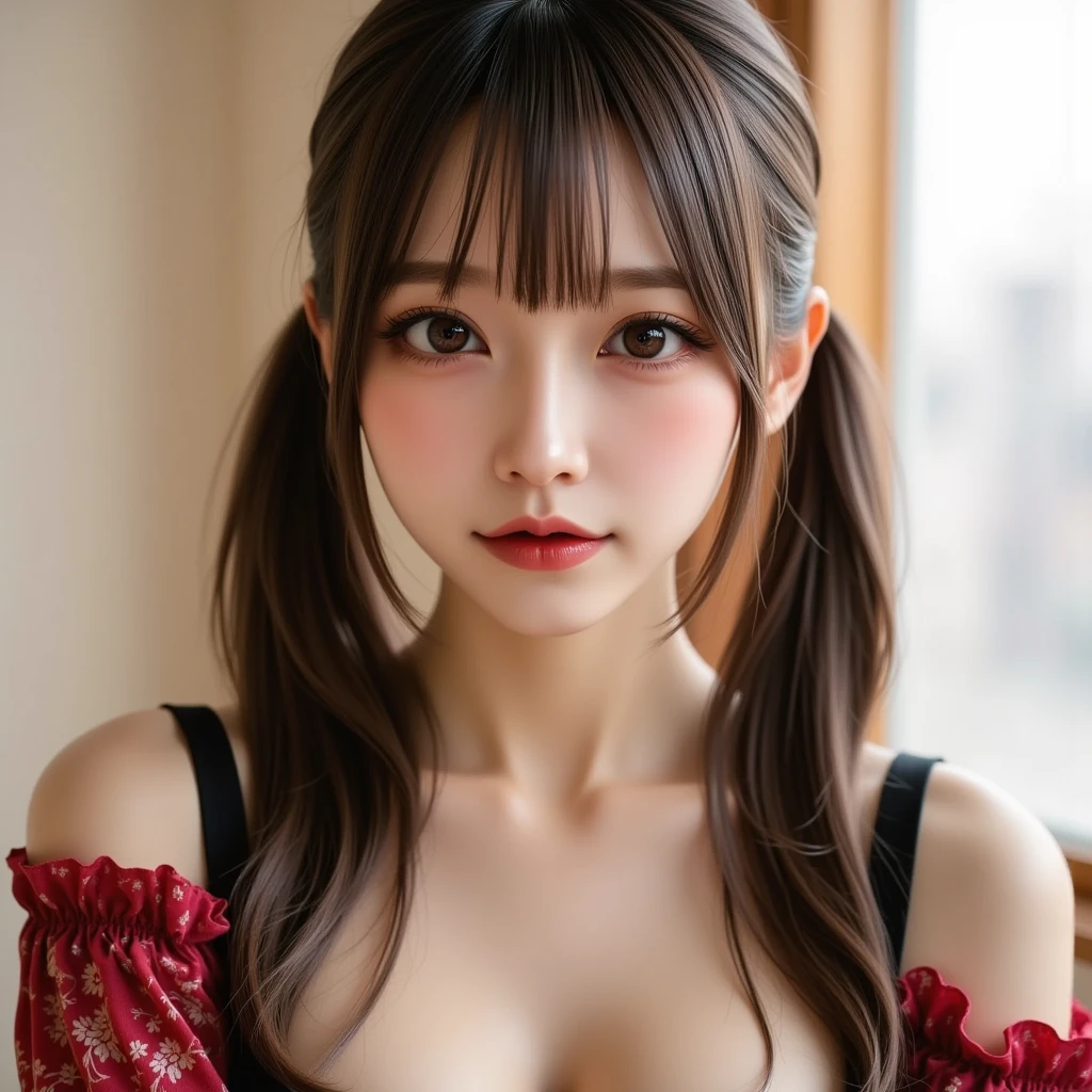 ((One Girl)), (Twin tails), Brown Hair, Great face and eyes, Pink Eyes, (Amazingly beautiful girl), Brown Hair, ((highest quality)), (Very detailed), (Very detailed CG 統合 8k 壁紙), Very detailed, High-resolution RAW color photos, Professional photography, (((Bokeh))), Depth of written boundary,