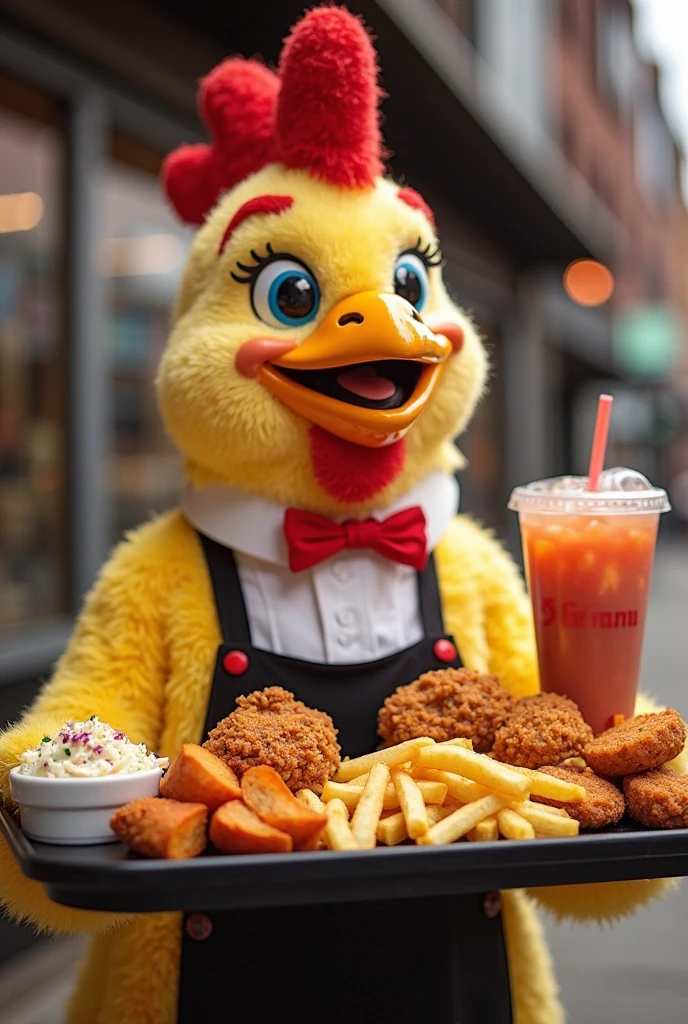 Toy chica suit, fnaf 2, girl inside inside, detailed.mascot suit, detailed mascot chicken head, bib "let's eat" , 4k res, sexy, big breasts, woman inside, holding mascot head, ready to perform at Freddy fazbears pizza