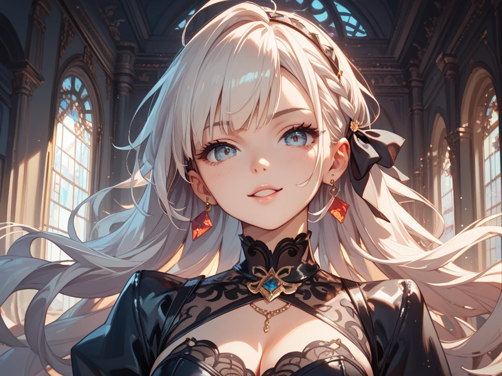 (masterpiece,top quality,high quality)), ((8K wallpaper unified with high definition CG)), Solo mature woman, 35yo,
Portrait, beautiful, smile, red make up, white hair in a loose bun, two long bangs parted, exposed forehead, long
eyelashes, sultry gaze, sexy, dark purple evening gown, very large breasts, long red fingernails, MILF, curvy body, mansion background, luxery, thick thighs, green eyes, big lips, purple eyeshadow, seductive expression