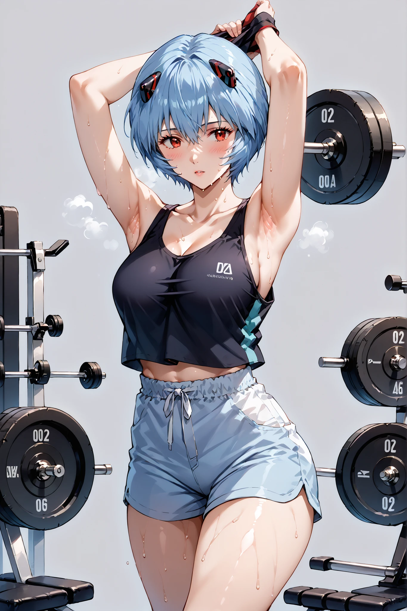 score_9, score_8_up, score_7_up, source_anime, 4K,perfect fingers,(perfect hands, perfect anatomy),prefect lighting, very aesthetic, intricate details,highly detailed background, masterpiece, high quality, best quality, high resolution,  
reiayanami,  rei ayanami, blue hair, short hair, red eyes, large breast,,
Wearing (( loose tank top, shorts, )),, 
Dark gray background, ((front look:1.5)), ((sweat:1.6)), gym, gym mats, weight benches, lifting weights, arms moving up and down, dumbbells in each hand, 