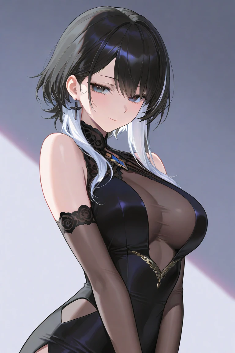 One Japanese bouncing and tidy girl ((extra very small breast))((slender )), (( silver very short ponytail hair))((shaggy forelock :1.5)), ((black long sleeves formal dress:1.5))((with no decoration and pattern)), droopy and calm eyes ((light purple)), eyelashes, thin eyebrows , graceful and elegant atmosphere, blush, seems very happy and active,((cheerful and gentle smile:1.4)),((arms crossed on her breast:1.4)), (( face focus:1.3)), best quality,MSFW