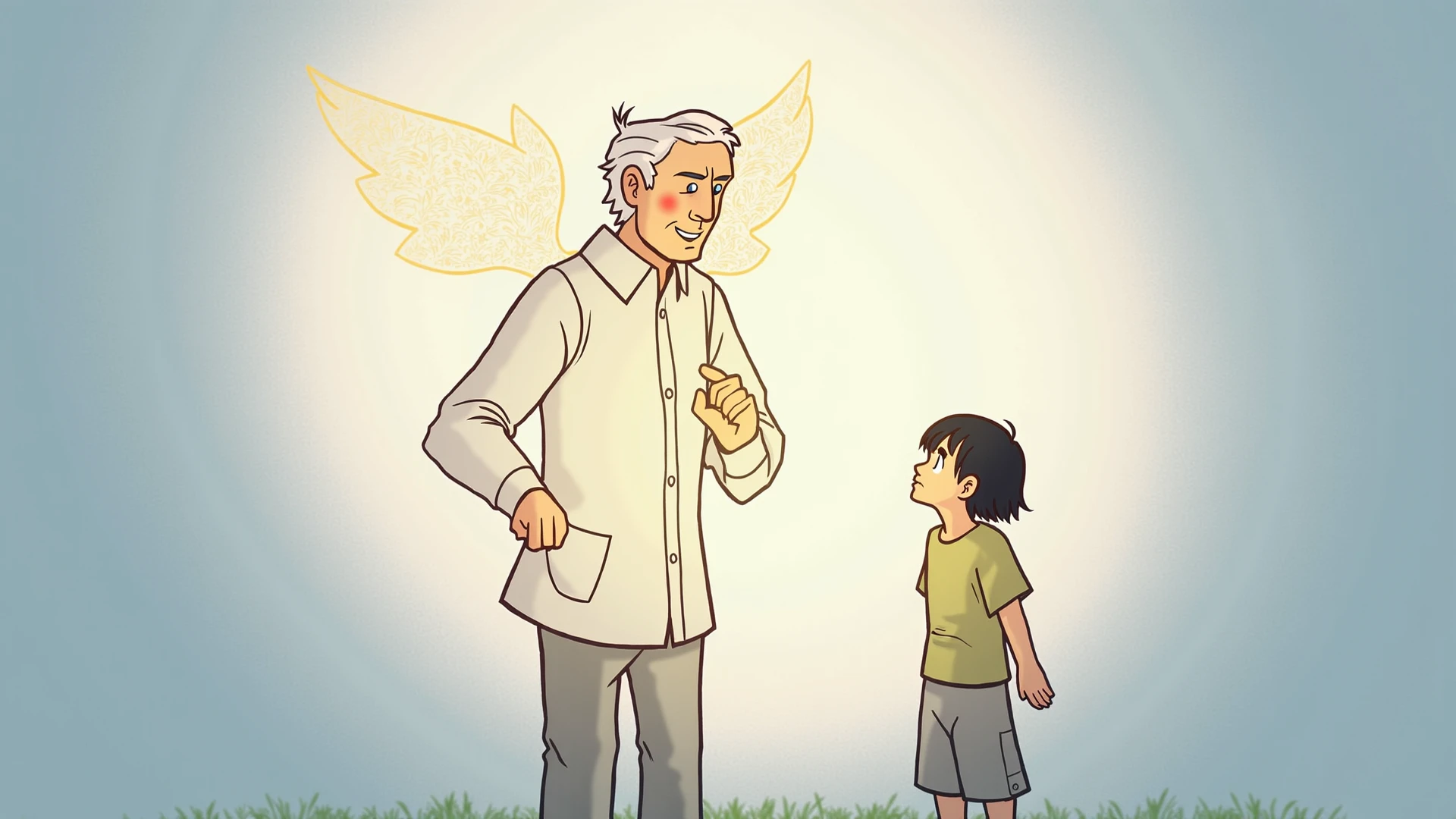 Draw an black and white outline drawing of a dead grandfather holding his dead grandson. They are in the heaven and became angels and have small wings.