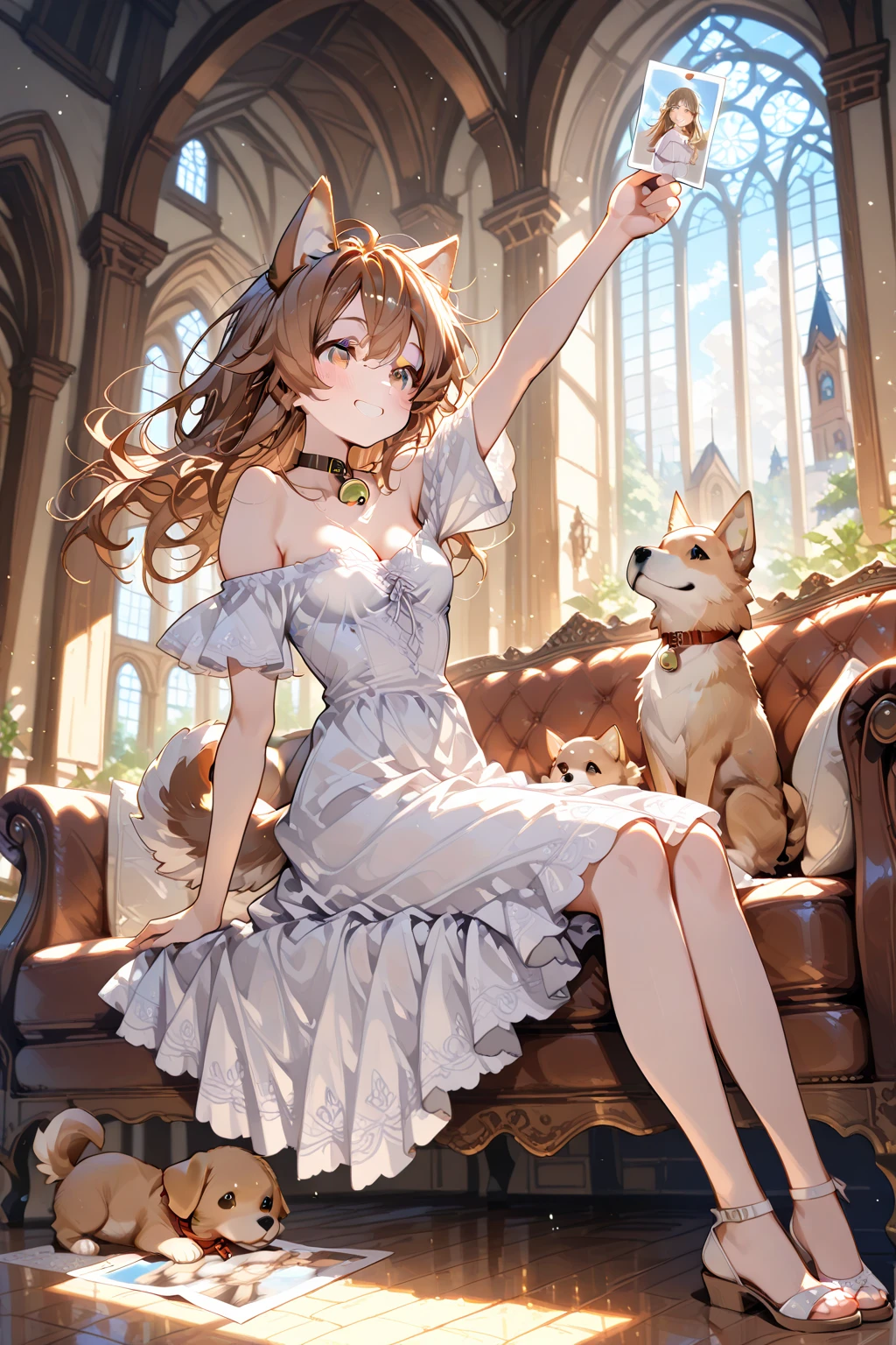 ((top quality)),(ultra high resolution),(Super detailed),(detailed description),((best CG)),(finest works of art),super precision art,amazing art of depiction,(Art with precise depiction in every detail:1.5), (1 woman:1.5),dress:1.6, (dog:1.6),snuggle up to her:1.8, rose garden:1.7