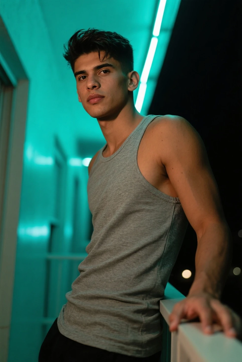 selfie 18yo slim dg_Luis boy, slim, (tank top), disappointed, at a train station <lora:dg_Luis_v1:0.8>,