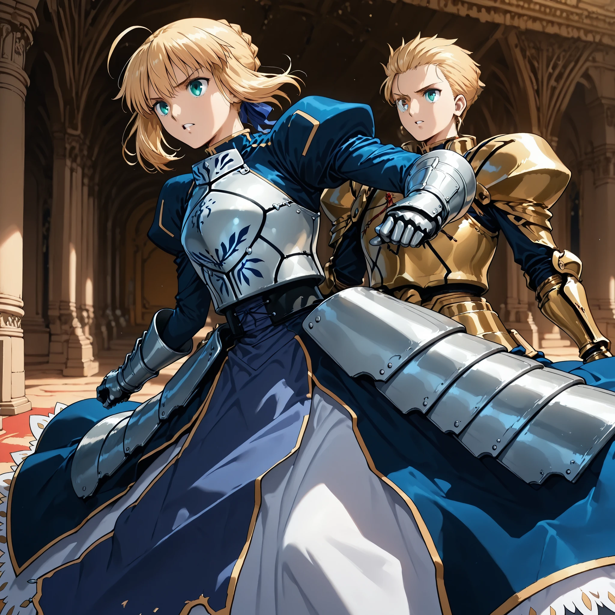 score_9, score_8_up, score_7_up, masterpiece, source_anime,(1girl,random situation, artoria pendragon (fate), saber (fate), turtleneck, blue dress, breastplate, armored dress, long sleeves, juliet sleeves, gauntlets, faulds, long dress,),break,(1boy is Gilgamesh _Fate Grand Order, slicked-back hair,age up ,A dignified atmosphere),1980’s anime style,detail eyes,iris,semi realistic ,in a dynamic motion,background is Kingdom palace