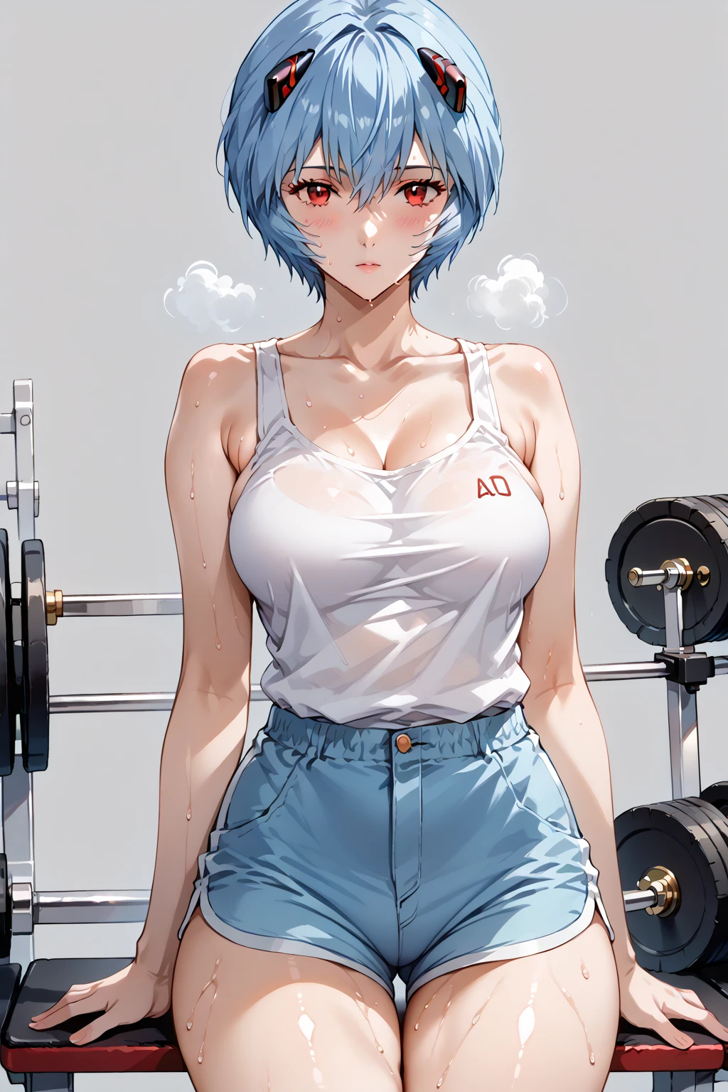 Rayanami, Rei Ayanami, Blue Hair, short hair, (Red eyes:1.5), break ヘッドギア, (White compression sports bra:1.2), white sports leggings, break エクササイズ, Fitness Gym, Sweat, break looking at viewer, break (Big Breasts:1.4),(masterpiece:1.2), Highest quality, High resolution, unity 8k wallpaper, (figure:0.8), (Beautiful attention to detail:1.6), Highly detailed face, Perfect lighting, Highly detailed CG, (Perfect hands, Perfect Anatomy),