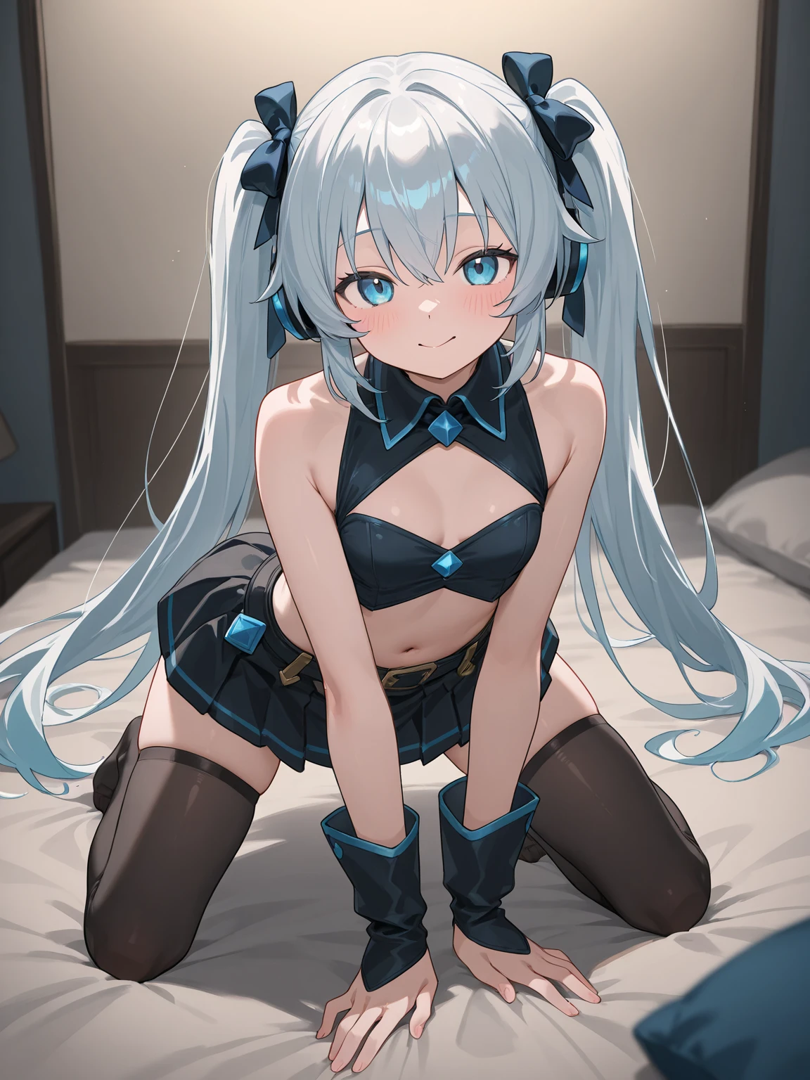 (Highest quality), (High resolution), (masterpiece), (Very detailed), Wolf Ear, Silver Hair, Long Hair, Bright Blue Eyes, One Girl, Silky skin, Shiny skin, Athletic build, blush, Heavy breathing, chest, Wearing a competitive swimsuit, Front view, (Bright saturation), Sexual pose, Dripping love juice, Heart pupil, Trembling with sexual climax, Heavy breathing, Masturbating on the bed