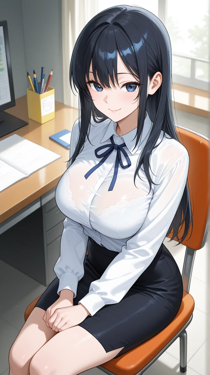 Mature woman in her early 40s、Japanese、ponytail、Beautiful Face、Office worker uniform、Navy blue vest、Pencil Skirt、 (whole body, Zoom out:1.1)