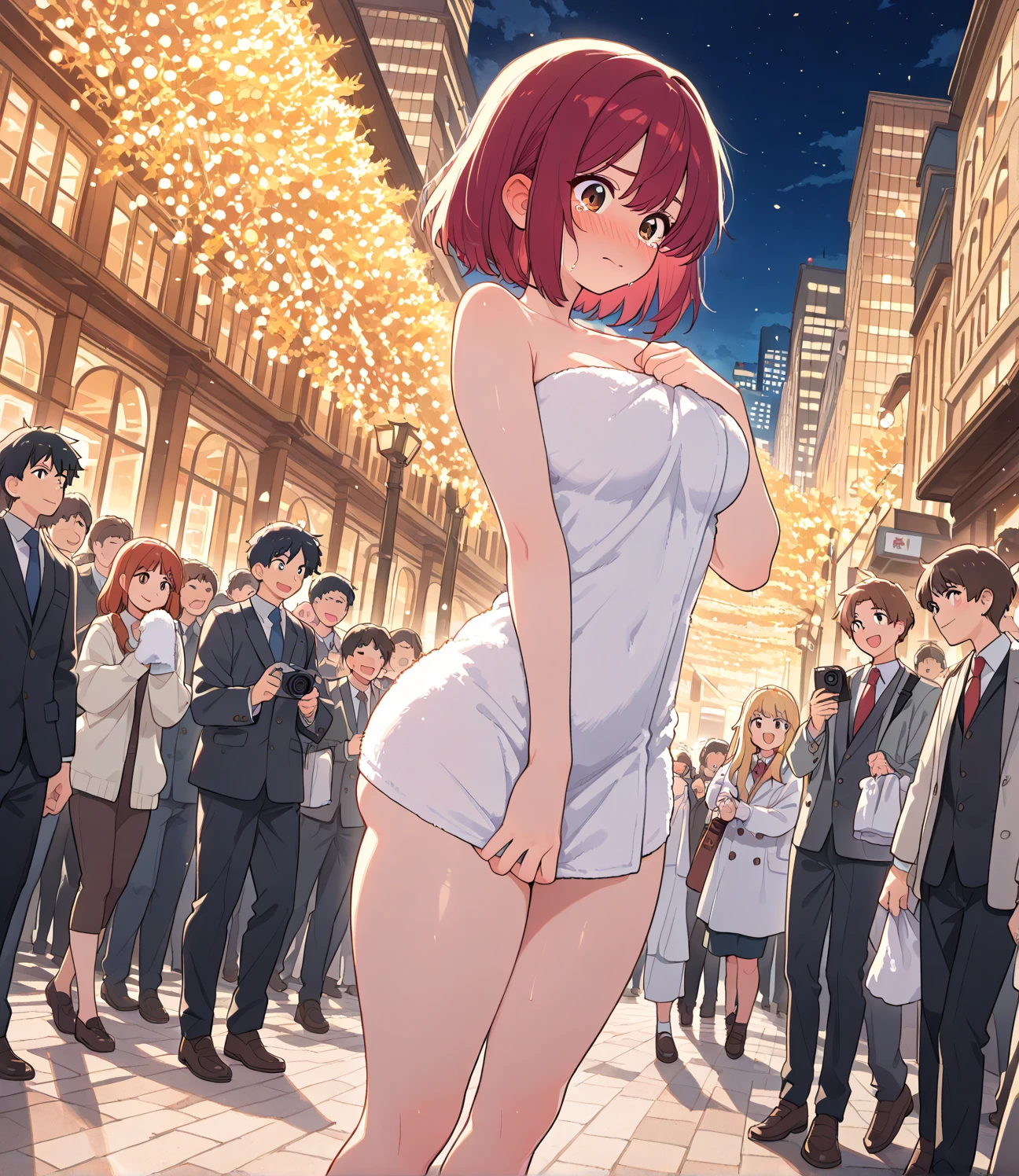 horikoshi kouhei, 1girl, :d, absurd, arms behind back, bangs, blush, boku no hero academia, ???????, brown eyes, brown hair, fengling (furin-jp), highres, looking at viewer, ??????????????, mouth open, pantyhose, ??????, short hair, sidelocks, smile, solo, standing, uraraka ochako, red from embarrassment, in public, small red ??????, micro ??????, walking in public, ((surrounded by people, micro ?????? )), loose ???????, ??????????????, a lot of ??? in the priits, a lot of ?????, ????? in the ???????, micro ??????