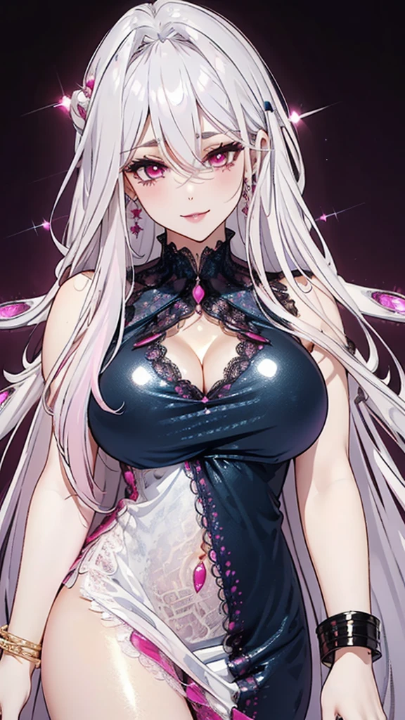 Center of chest,pretty girl,Cat ear,Beautiful silver hair,Pink inside,Beautiful pink eyes,black shirt,black skirt,dark
