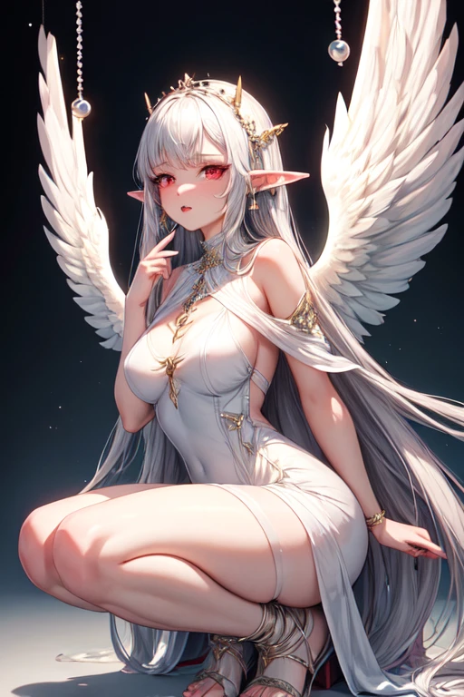 giant girl 50,000 feet high,Weight 1000kg,Has a pair of huge white angel wings,With huge devil horns on his head,crown on head,Elf wearing white earrings,She has long white hair that reaches her feet,loose hair,White wavy long curly hair,Wearing a pair of white boots,White lace gloves,White lace pantyhose,Pantyhose with bow and star decorations,White lace whole body,Standing upright on a small city,Beautiful appearance,Exquisite makeup,quality,8k,High quality,Perfect proportion, Cinema lighting,film grain,Fuji colors,8k,textured skin,Super details,high detail,high resolution,fake smile,blood stains,Blood stains on the soles of feet,whole body,Obese,feather,flowers,Sitting elegantly on a tall building,Touching face with hands