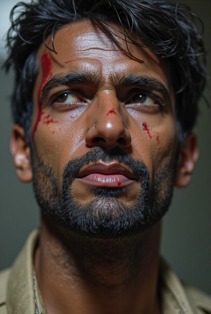In a dramatic and intense scene, an Indian husband appears visibly injured, with blood streaming down his face. He may be seated or leaning against a wall, showing signs of distress and pain. His attire, possibly traditional such as a kurta or casual clothing, is disheveled and stained with blood. The background is a dimly lit room or an outdoor area, adding to the somber and dramatic atmosphere. The overall mood of the image should reflect the seriousness and gravity of the situation, with the focus on the husband’s battered appearance and the impact of the violence.