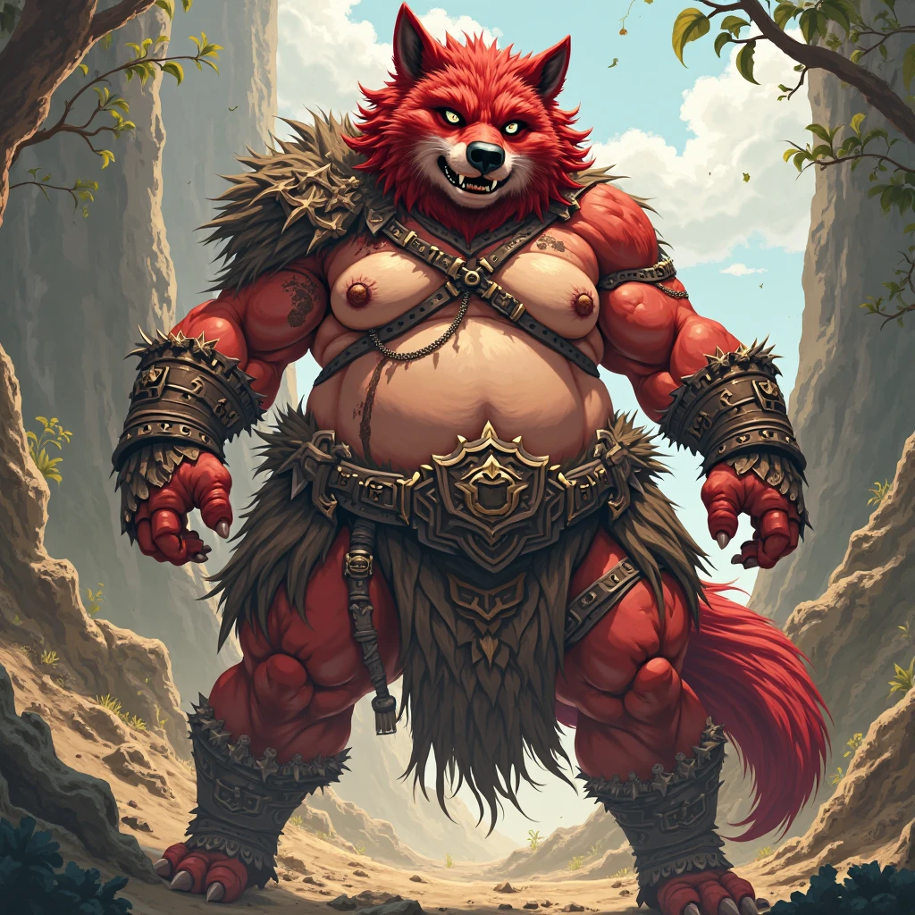 ultra-detailed, masterpiece, masterwork, high quality, best quality, hdr, posted on e621, (by darkgem), (nature), nsfw, (male), solo, chibi, (red little body werewolf), werewolf, (long golden hair, yellow eyes, white chubby body), stylish pose, standing, dynamic angle, (nude, long foreskin, pubic hair, micropenis, balls)