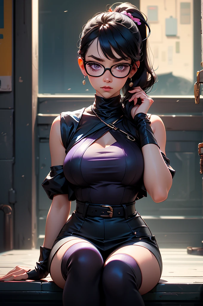 a beautiful young teenage girl with short purple hair, blue eyes, freckles on her face, wearing framed eyeglasses, a heart-shaped choker, and a sleeveless virgin destroyer sweater that reveals her giant breasts and extreme cleavage, smiling and blushing, with a thin body, wearing high heels, in a detailed bedroom background, (best quality,4k,8k,highres,masterpiece:1.2),ultra-detailed,(realistic,photorealistic,photo-realistic:1.37),portrait,high-quality digital art