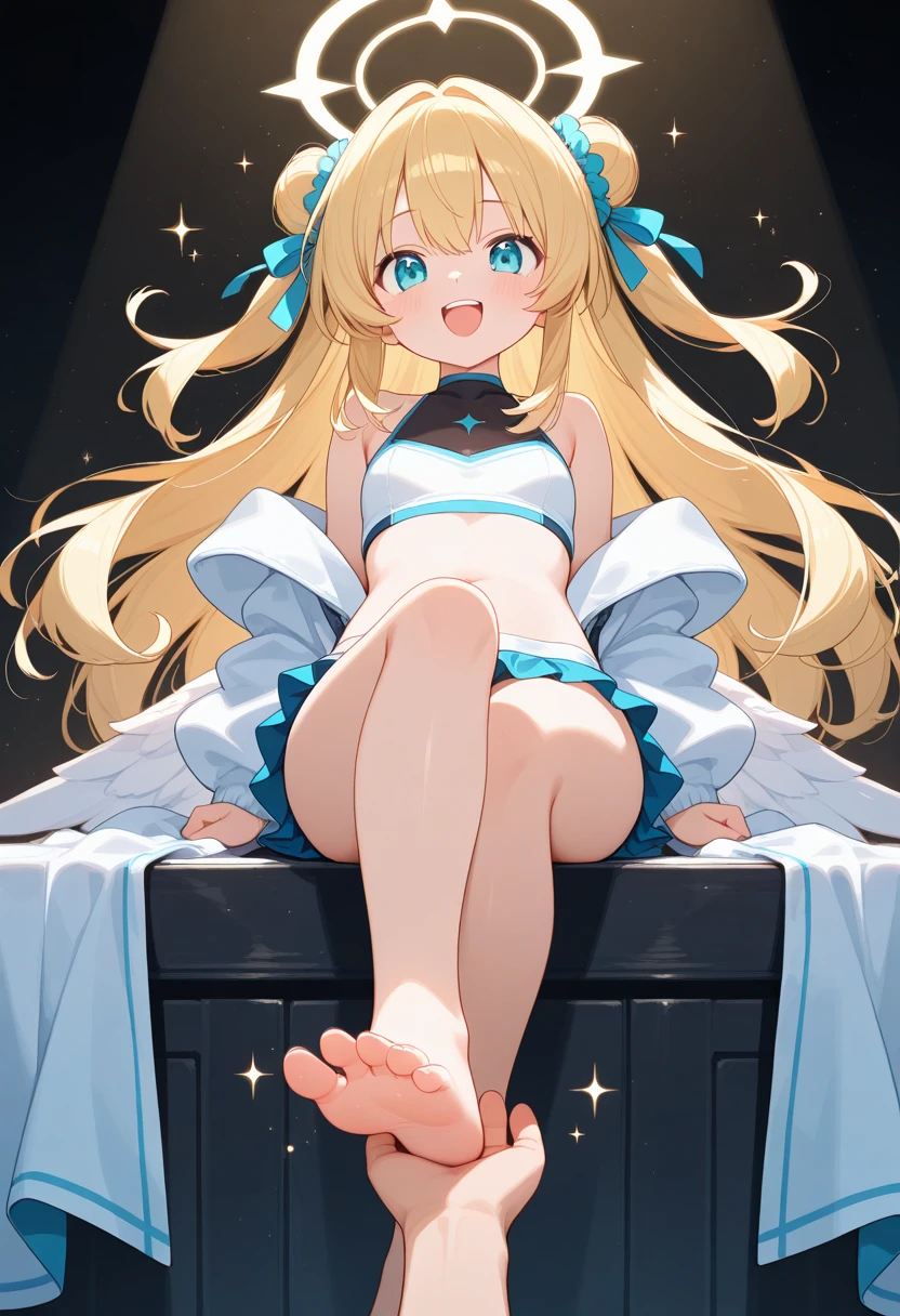 <lora:Crimvael:0.4> Masterpiece, best quality, little young boy, floating, (White dress:1.5), covered testicles, flat chest, flushed, smile, broken halo, looking at viewer, long blonde hair, black lycra shorts, 2 angel wings on the back, barefoot, gas lamps, dim lighting, background medieval tavern