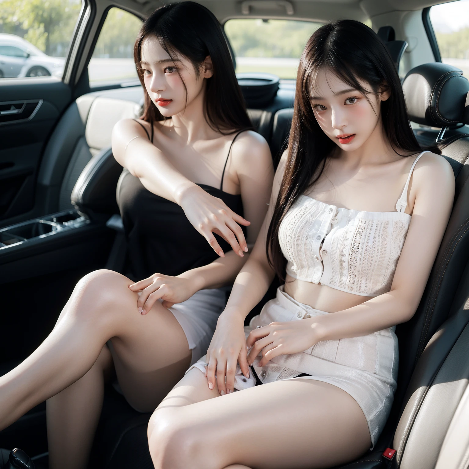 2girls, 16 K, Best Quality, 超A high resolution, Enamel Bodysuit, Train interior, Sitting, Full body, Legs, thighs thighs thighs thighs, (Panties:1.2), Skirt lift, lifted by self, look looking at viewer, Seductive smile, Black Short Bob Hair, BREAK,Blonde long hair, JK train opposite ,Realistic, Lips, Slender thighs, Slender legs,
Open knees