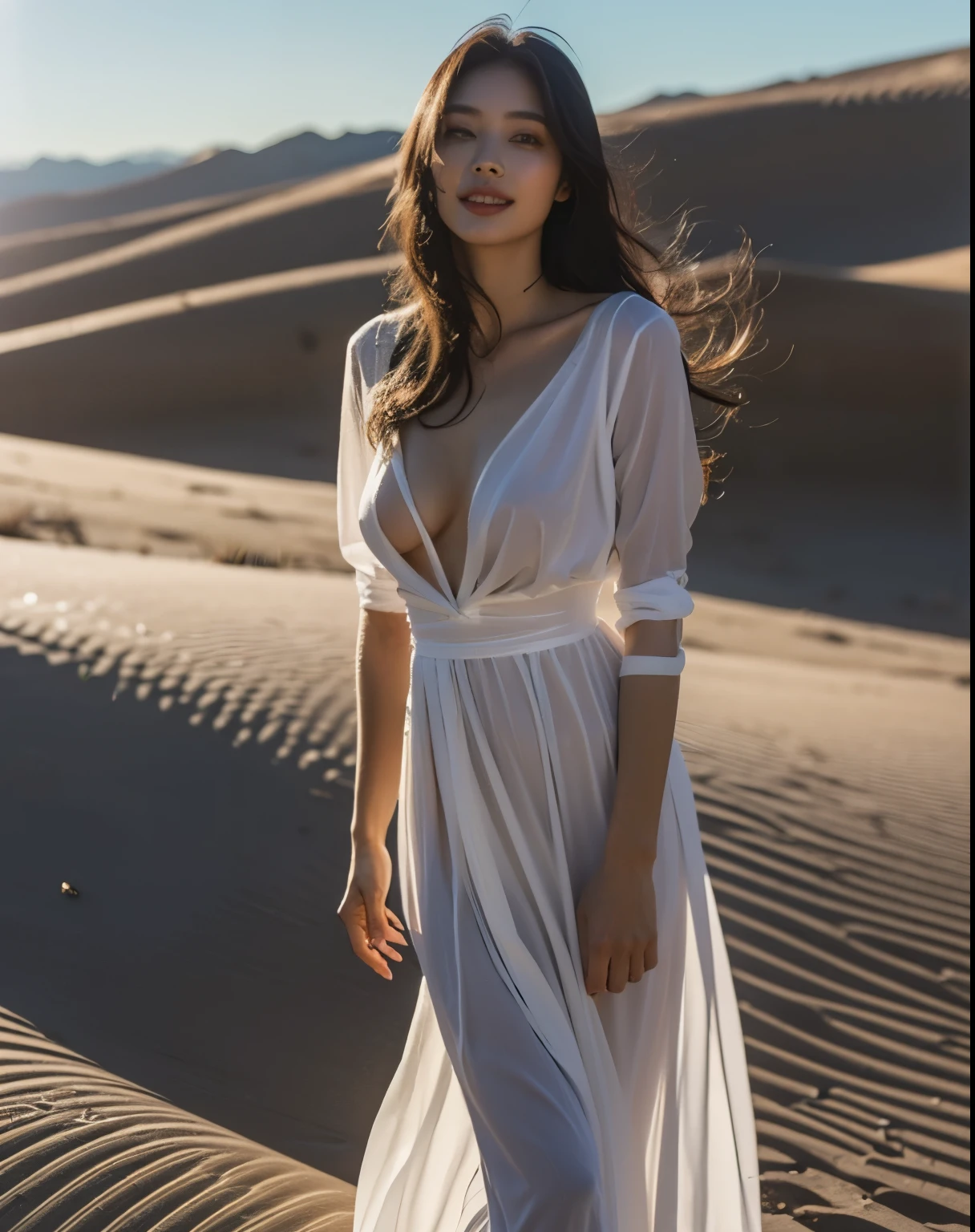 beautiful脚, stockings, ultra  details, masterpiece, Highest Quality, beautiful,  details, alone, charming smile, Sexy Lips , one girl, Brown Eyes in the Bedroom,   Silver Hair, sexy pose, Big Breasts, low hair ring, widens legs,  stylish hair , abaya, Beautiful woman standing in the desert, dessert