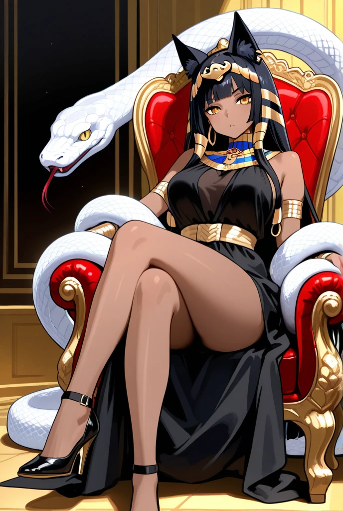 Cleopatra，No underwear， the feet，is shy，Exposed genitals，clear liquid，Bigchest，transparent panty，soaking wet，Emotive expressions，Ambiguous，taunt，Unoccluded，There is no lower limit，Mesh socks，black lence stockings，a queen，the expression is mocking，hindquarters，Golden Python，Butt to the camera