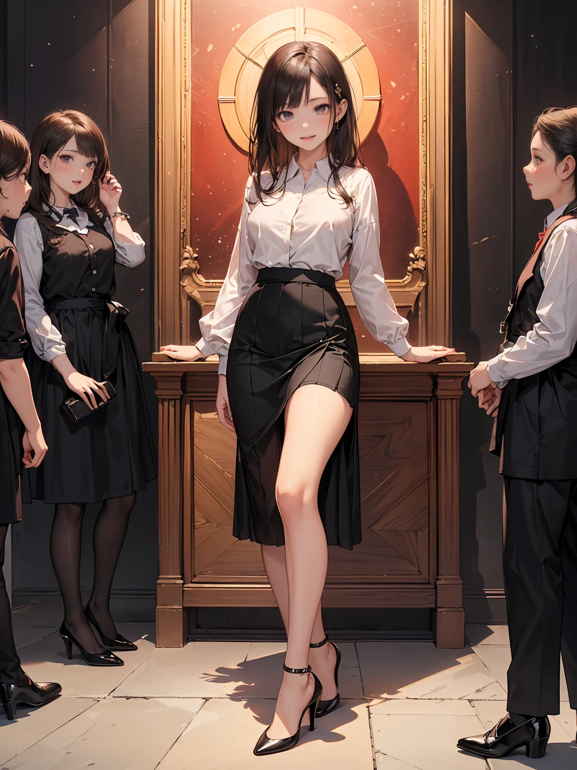 (((round face, drooping eyes, smiling))),clerk uniform, tongue, unbuttoned blouse, jacket, name plate, ID card, having tablet, ear monitor, headset mic, pantyhose, pubic hair, standing to hit her crotch against the counter edge, masturbation, ecstasy face, in the mall, customers, ceiling, floor, ((old oil painting, impressionism)), angle from below to her crotch, artist's signature,