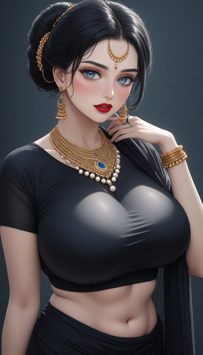 Hot beautiful goddess,face makeup, perfect face,big breasts,big circle jhumki earrings,long earrings,sharp jawline, lipstick ,short hair, shiny hair, blue saree, cleavage,navel,thin body, tall ,printed blouse
