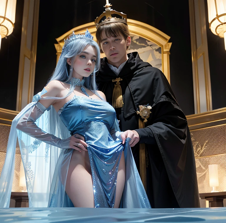 Love between a mermaid and a human prince, loosely curly light blue long hair mermaid princess, beautiful, androgynous short black hair human prince, Medieval Europe,castle