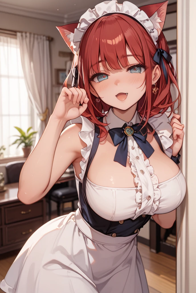 (Original Character、Unity 16K Wallpaper, Masterpiece, Best Quality, Ultra-Detailed, Extremely Detailed CG, Caustics, Cinematic Lighting, Detailed, Beautiful Detailed Eyes, solo,sexy women), Ultra High Resolution, fine skin, (maid, maid apron, maid headdress,black maid skirt), (strong light)、oily skin,curby:1.2,gigantic breasts,mansion、(cowboy shot、above chest),focus chest,armpits,red hair
