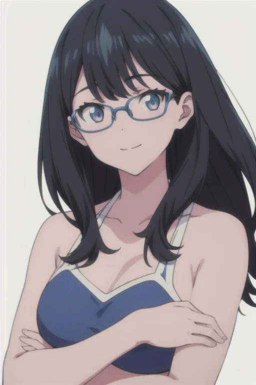 (anime cel style, megami magazine, poster style, best quality, high resolution, sharp image, 8k wallpaper, masterpiece), (beautiful detailed eyes, beautiful detailed face), Konori Mii, glasses, (black hair, medium hair:1.2), blush, (huge breasts), polka dot bikini, (upper body, sitting), simple background, (perfect detailed anatomy, perfect detailed body, perfect arms, perfect fingers, shiny skin)
