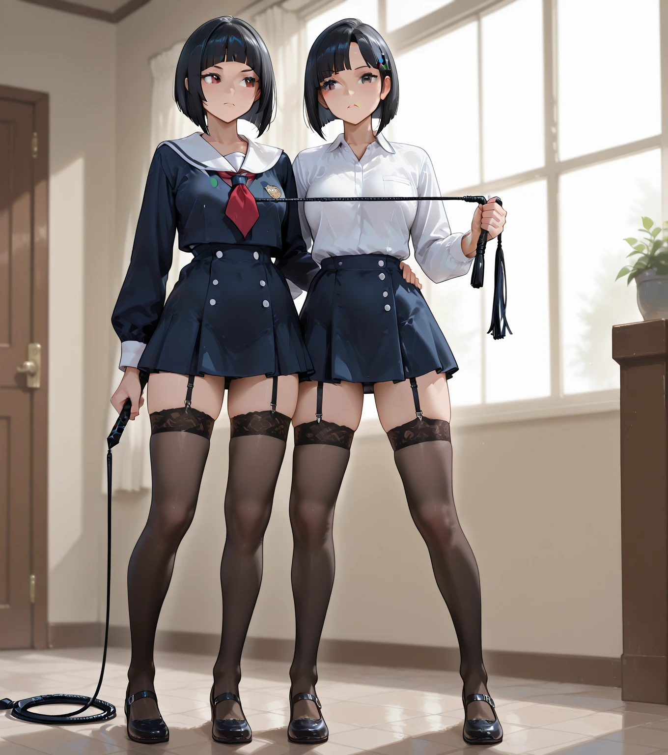 Concept art of anime character, young woman, 21 years old, white short hair, glasses, huge breasts, white fashion shirt, brown open sweater, leggings, full body, two poses, one dynamic pose,  one static pose