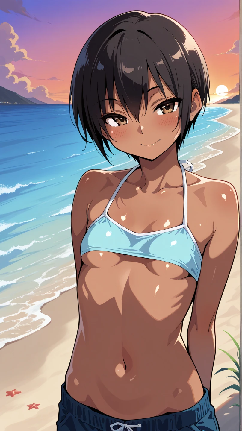 A dark-skinned girl with short black hair, short stature, natural body, black bikini, bikini straps pulled up, bronze, waving and smiling, with a pretty face, black pupils, teenage girl, , detailed facial features, beautiful eyes, high resolution, 8k, photorealistic, masterpiece, cinematic lighting, vibrant colors, soft shadows, natural skin tones, warm lighting, clean aesthetic